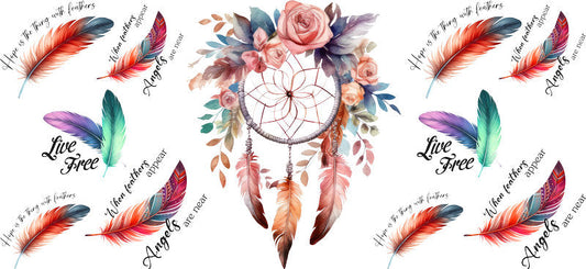 Floral Dreamcatcher with Colorful Flowers and Feathers UV DTF Cup Wrap for 16oz Glass KA-15339