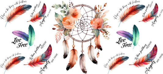 Floral Dreamcatcher with Colorful Flowers and Feathers UV DTF Cup Wrap for 16oz Glass KA-15340