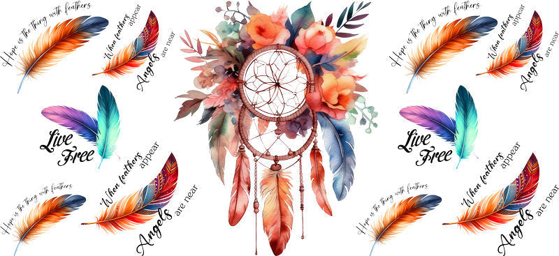 Floral Dreamcatcher with Colorful Flowers and Feathers UV DTF Cup Wrap for 16oz Glass KA-15341