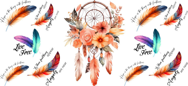 Floral Dreamcatcher with Colorful Flowers and Feathers UV DTF Cup Wrap for 16oz Glass KA-15342