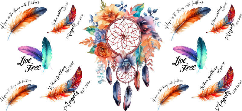 Floral Dreamcatcher with Colorful Flowers and Feathers UV DTF Cup Wrap for 16oz Glass KA-15343