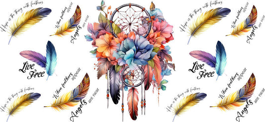 Floral Dreamcatcher with Colorful Flowers and Feathers UV DTF Cup Wrap for 16oz Glass KA-15344