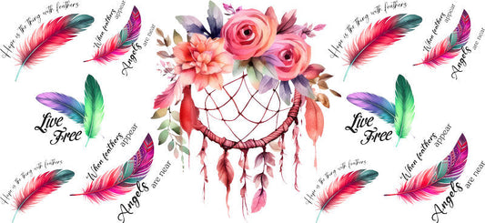 Floral Dreamcatcher with Colorful Flowers and Feathers UV DTF Cup Wrap for 16oz Glass KA-15345