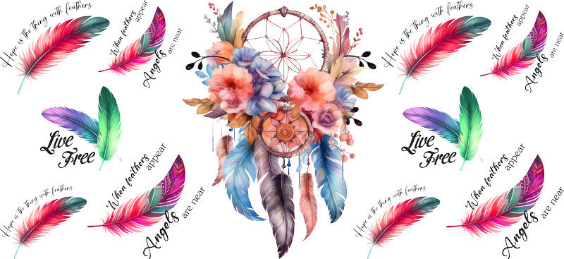 Floral Dreamcatcher with Colorful Flowers and Feathers UV DTF Cup Wrap for 16oz Glass KA-15346