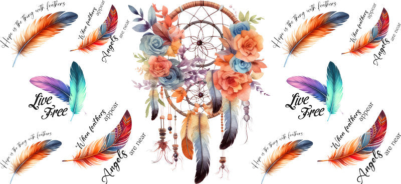 Floral Dreamcatcher with Colorful Flowers and Feathers UV DTF Cup Wrap for 16oz Glass KA-15347