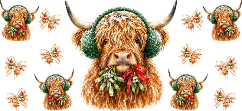 Christmas Highland Cow UV DTF Cup Wrap for 16oz Libbey KA-15373