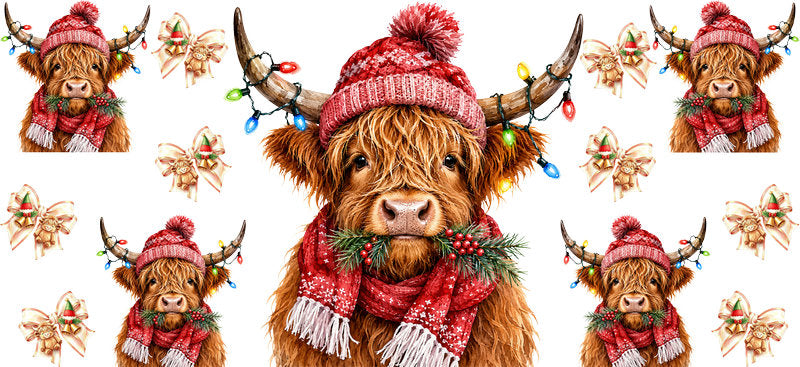 Christmas Highland Cow UV DTF Cup Wrap for 16oz Libbey KA-15379