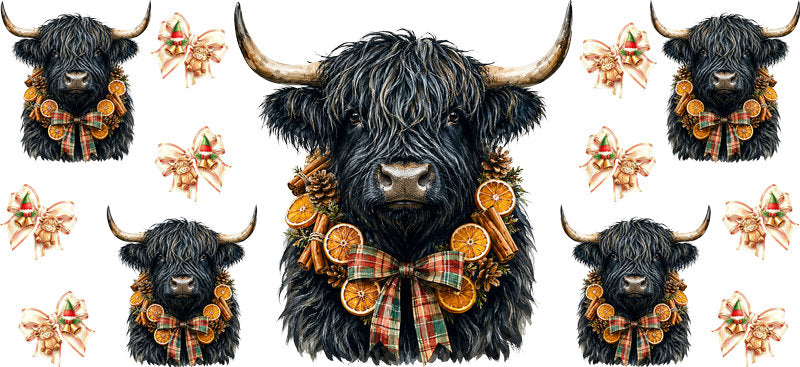 Christmas Highland Cow UV DTF Cup Wrap for 16oz Libbey KA-15380