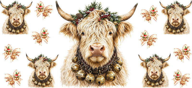 Christmas Highland Cow UV DTF Cup Wrap for 16oz Libbey KA-15383