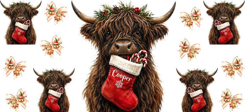 Christmas Highland Cow UV DTF Cup Wrap for 16oz Libbey KA-15384