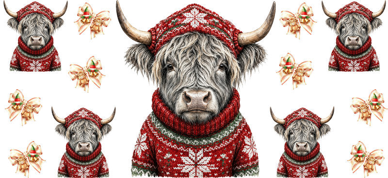 Christmas Highland Cow UV DTF Cup Wrap for 16oz Libbey KA-15387
