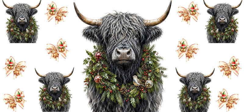 Christmas Highland Cow UV DTF Cup Wrap for 16oz Libbey KA-15391
