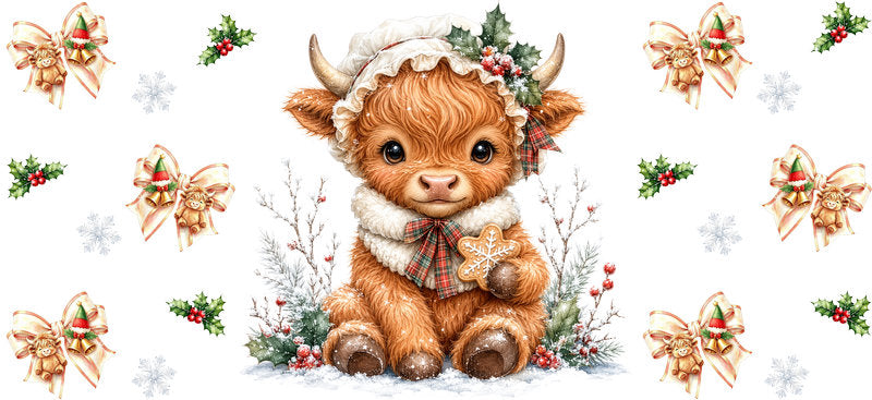 Christmas Highland Cow UV DTF Cup Wrap for 16oz Libbey KA-15425