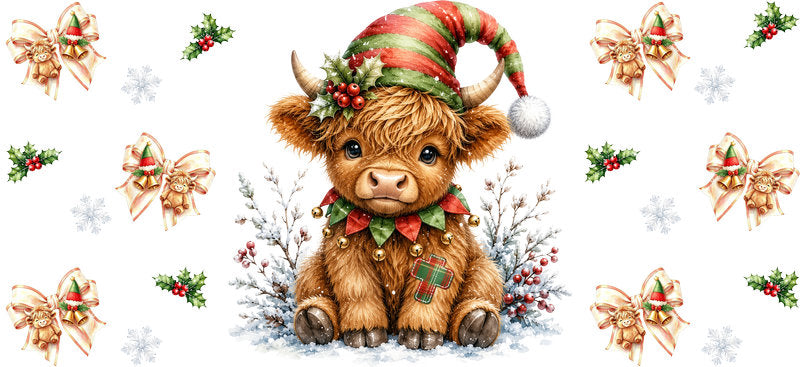 Christmas Highland Cow UV DTF Cup Wrap for 16oz Libbey KA-15427