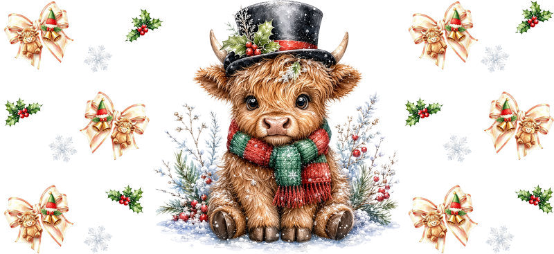 Christmas Highland Cow UV DTF Cup Wrap for 16oz Libbey KA-15428