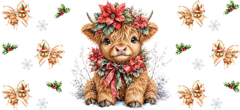 Christmas Highland Cow UV DTF Cup Wrap for 16oz Libbey KA-15429