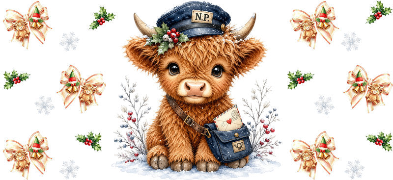 Christmas Highland Cow UV DTF Cup Wrap for 16oz Libbey KA-15431