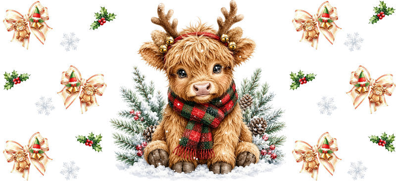 Christmas Highland Cow UV DTF Cup Wrap for 16oz Libbey KA-15433
