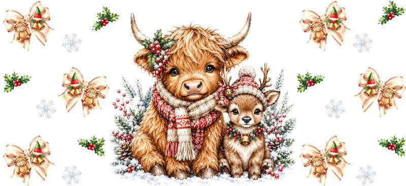 Christmas Highland Cow UV DTF Cup Wrap for 16oz Libbey KA-15435