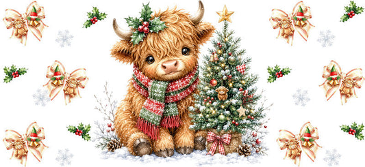 Christmas Highland Cow UV DTF Cup Wrap for 16oz Libbey KA-15437