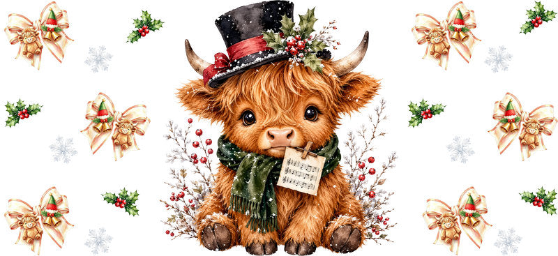 Christmas Highland Cow UV DTF Cup Wrap for 16oz Libbey KA-15439