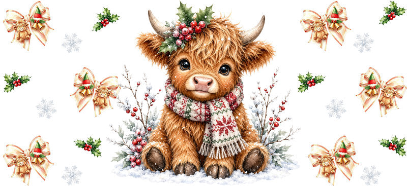 Christmas Highland Cow UV DTF Cup Wrap for 16oz Libbey KA-15442