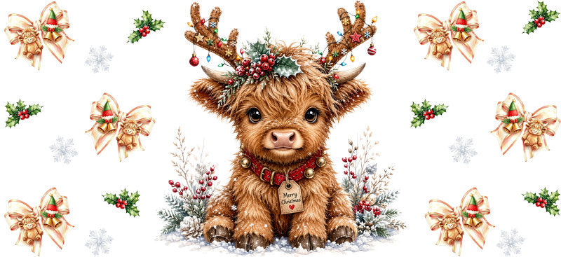 Christmas Highland Cow UV DTF Cup Wrap for 16oz Libbey KA-15445