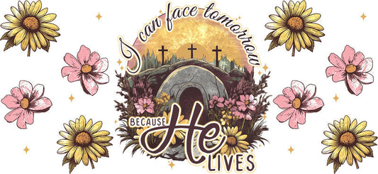 Because He Lives Christian Floral Design UV DTF Cup Wrap for 16oz Libbey Glass KA-16331