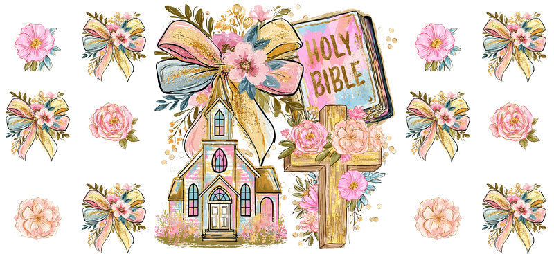 Holy Bible Floral Christian Church Design UV DTF Cup Wrap for 16oz Libbey Glass KA-16360