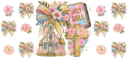 Holy Bible Floral Christian Church Design UV DTF Cup Wrap for 16oz Libbey Glass KA-16360