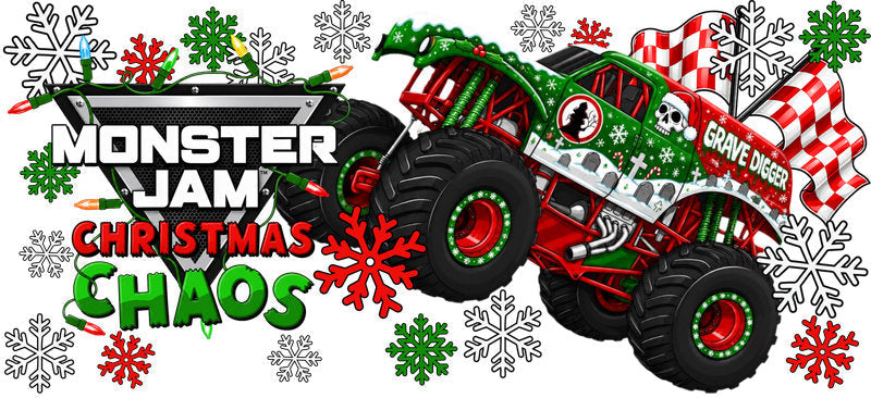 Monster Truck Christmas Chaos UV DTF Cup Wrap for 16oz Libbey Glass KA-16488