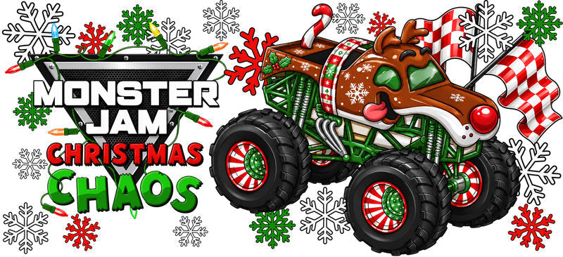Monster Truck Christmas Chaos UV DTF Cup Wrap for 16oz Libbey Glass KA-16491