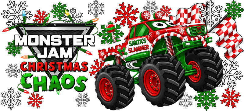 Monster Truck Christmas Chaos UV DTF Cup Wrap for 16oz Libbey Glass KA-16493