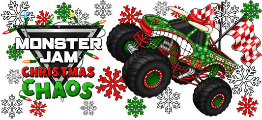 Monster Truck Christmas Chaos UV DTF Cup Wrap for 16oz Libbey Glass KA-16495