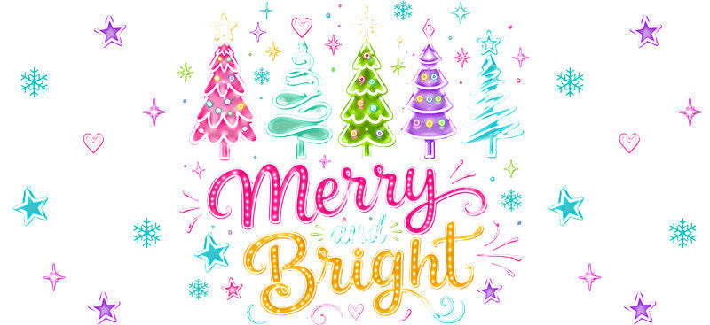 Merry and Bright colorful Christmas trees UV DTF cup wrap for 16oz Libbey glass KA-16505