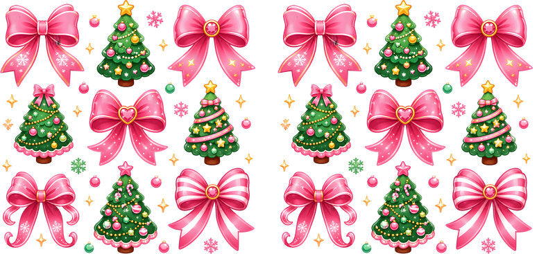 Pink bows and decorated Christmas trees pattern UV DTF cup wrap for 16oz Libbey glass KA-16507