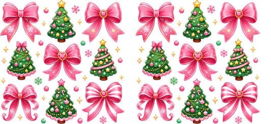 Pink bows and decorated Christmas trees pattern UV DTF cup wrap for 16oz Libbey glass KA-16507