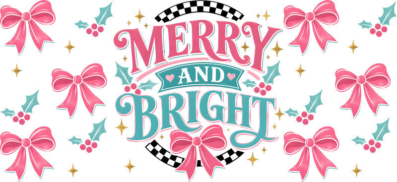 Merry and Bright pink bow Christmas UV DTF cup wrap for 16oz Libbey glass KA-16508