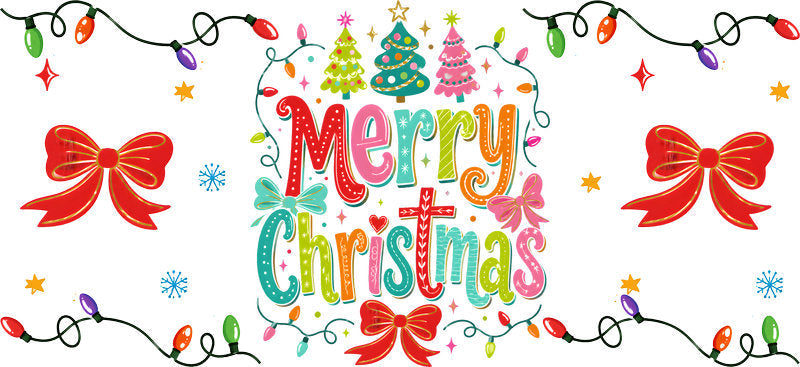 Merry Christmas red bows and colorful trees UV DTF cup wrap for 16oz Libbey glass KA-16513