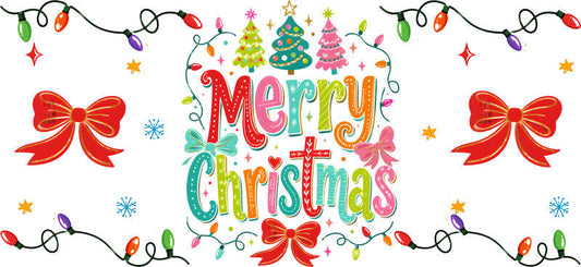 Merry Christmas red bows and colorful trees UV DTF cup wrap for 16oz Libbey glass KA-16513