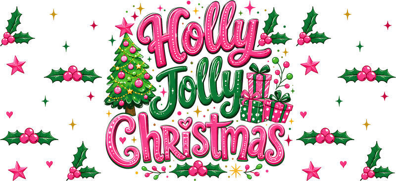 Holly Jolly Christmas tree and holly UV DTF cup wrap for 16oz Libbey glass KA-16514