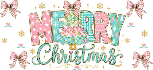 Merry Christmas pastel tree and bow UV DTF cup wrap for 16oz Libbey glass KA-16515