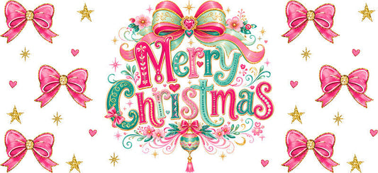 Merry Christmas pink bows festive UV DTF cup wrap for 16oz Libbey glass KA-16518