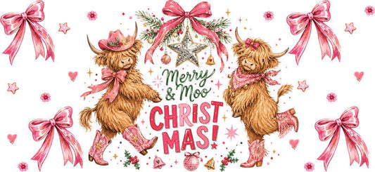 Merry Christmas moose and pink bows UV DTF cup wrap for 16oz Libbey glass KA-16524