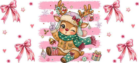 Cute reindeer Christmas pink bow UV DTF cup wrap for 16oz Libbey glass KA-16525
