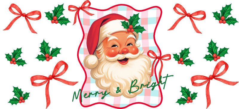 Merry and Bright Santa with red bows UV DTF cup wrap for 16oz Libbey glass KA-16534