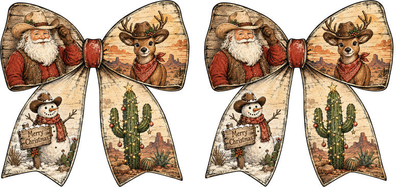 Western Christmas bow with Santa and cowboy design UV DTF cup wrap for 16oz Libbey glass KA-16535