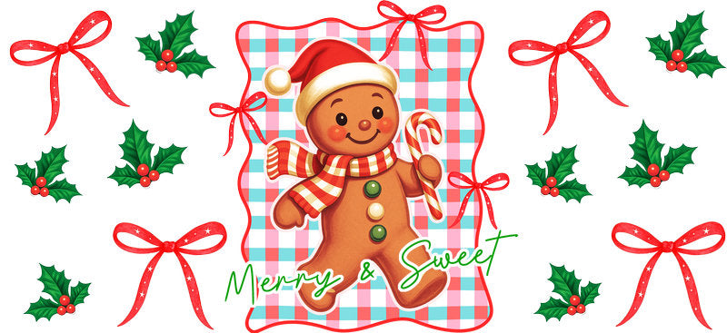 Merry and Sweet gingerbread Christmas red bows UV DTF cup wrap for 16oz Libbey glass KA-16536