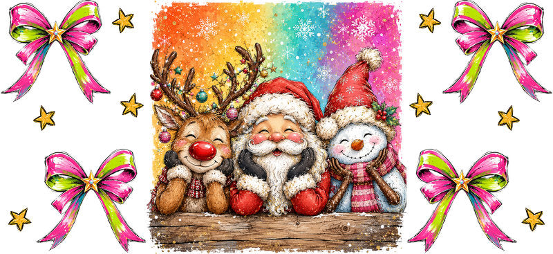 Watercolor Santa snowman Christmas and rainbow bows UV DTF cup wrap for 16oz Libbey glass KA-16543