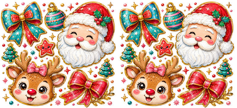 Cute Santa reindeer Christmas ornaments and bows UV DTF cup wrap for 16oz Libbey glass KA-16546